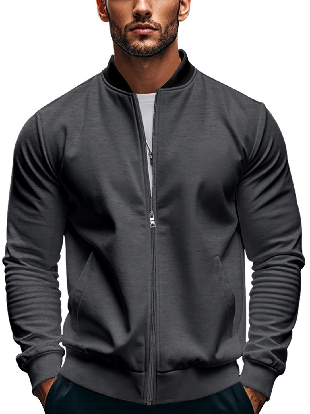 

StyleCast x Revolte Men Stand Collar Solid Casual Bomber Jacket, Charcoal