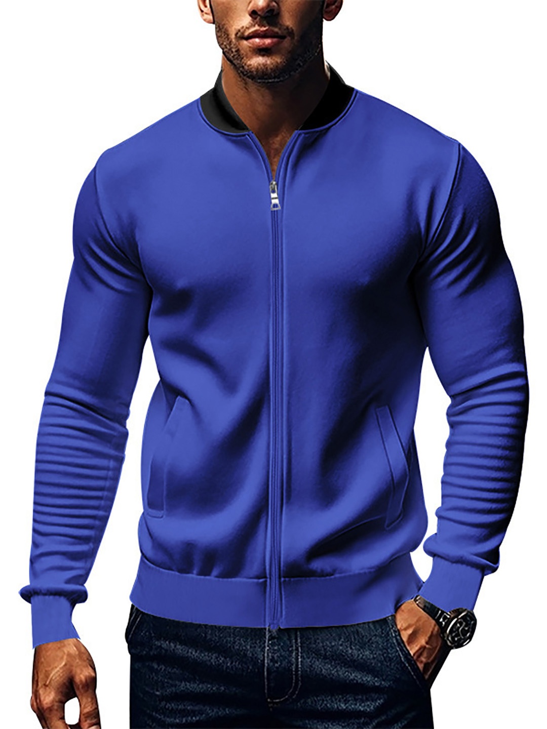 

StyleCast x Revolte Men Stand Collar Solid Casual Bomber Jacket, Blue