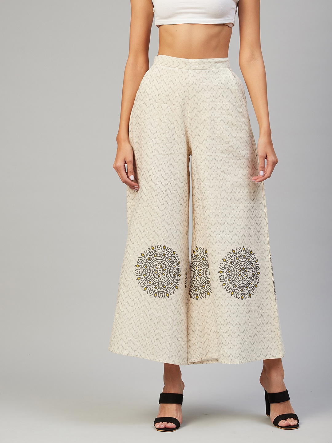 

Orchid Blues Women Printed Loose Fit Cotton Wide Leg Trousers, White
