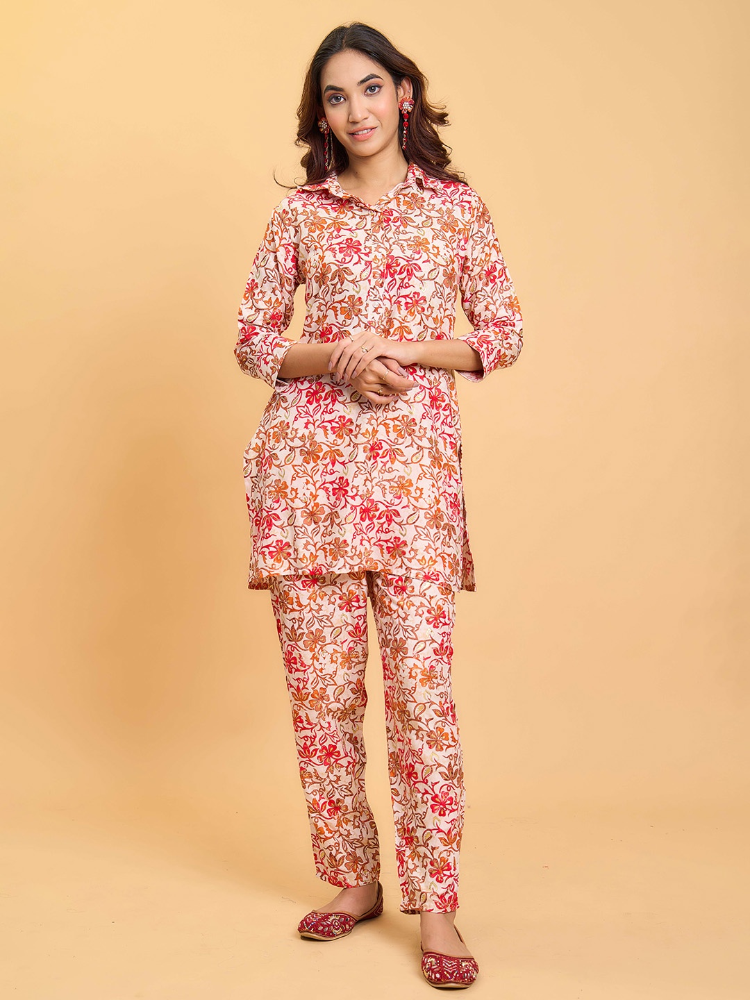 

KALINI Floral Printed Shirt Collar Tunic With Trouser, Red