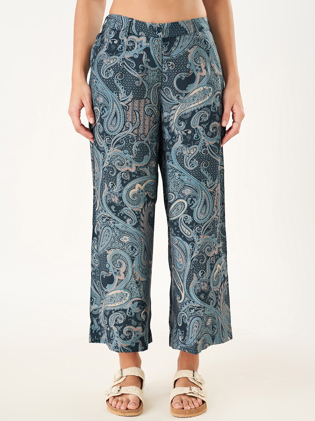 

AKKRITI BY PANTALOONS Women Ethnic Motifs Printed Trousers, Teal