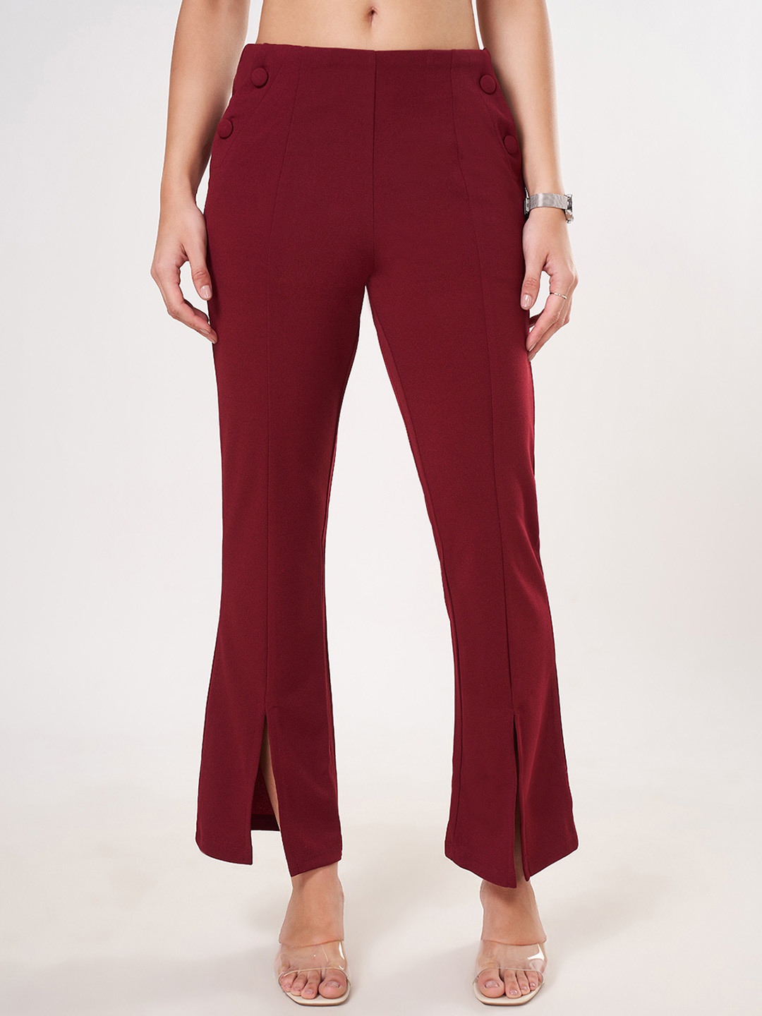 

Annabelle by Pantaloons Women Flared High-Rise Solid Trousers, Maroon