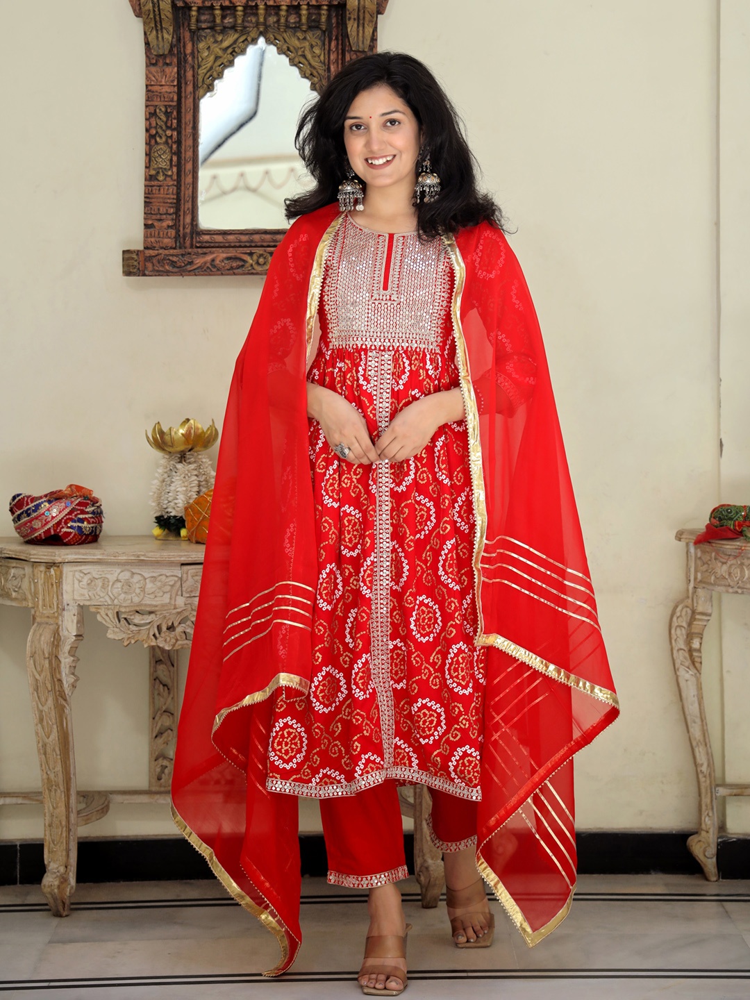 

ELVISH JAIPUR Floral Embroidered Sequinned Anarkali Kurta With Palazzos & Dupatta, Red