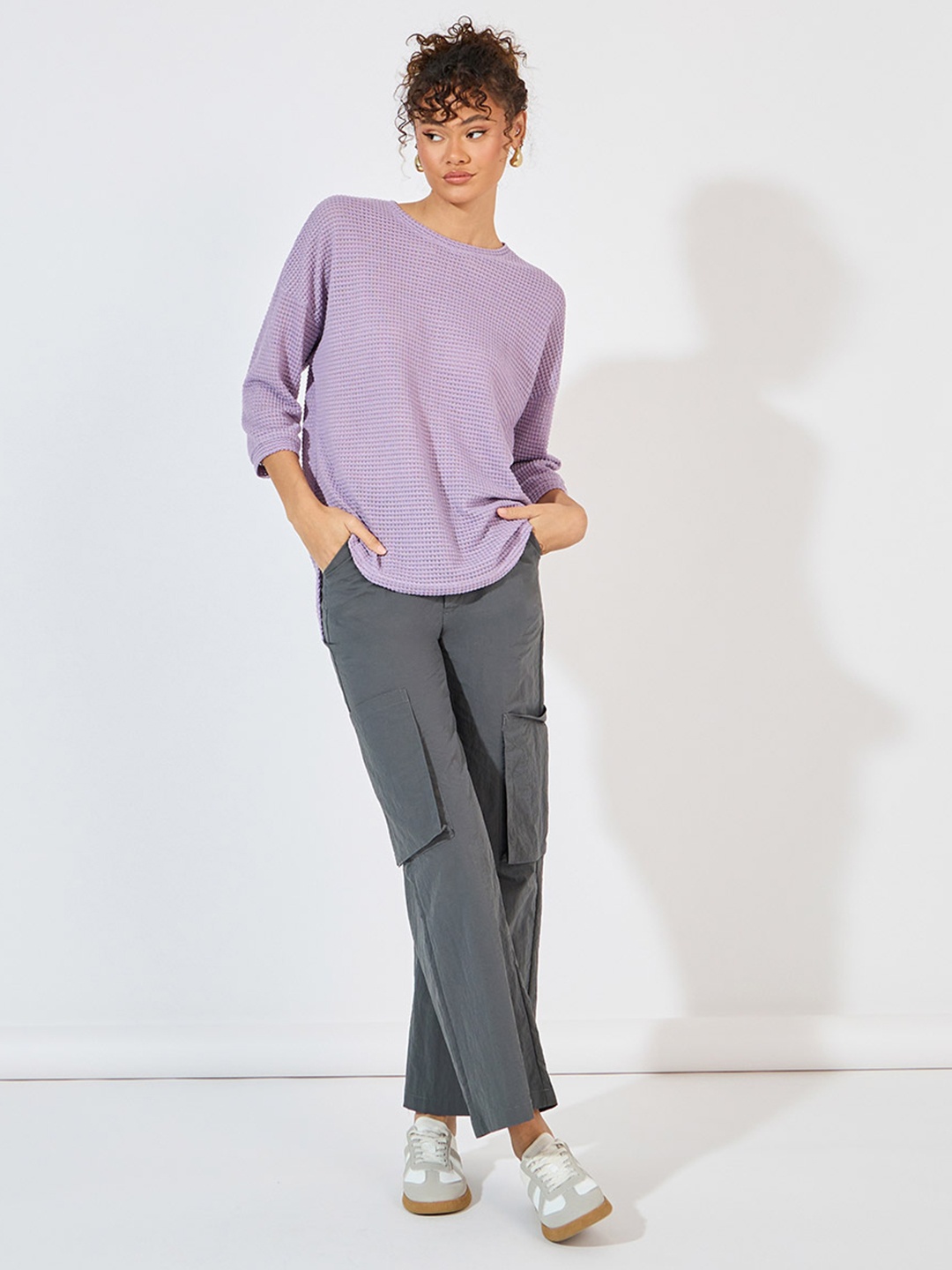 

Styli Women Drop-Shoulder Curved Hem Oversized Top, Purple