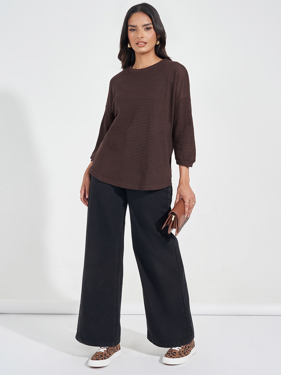 

Styli Women Textured Self Design Drop-Shoulder Sleeves Oversized Top, Brown