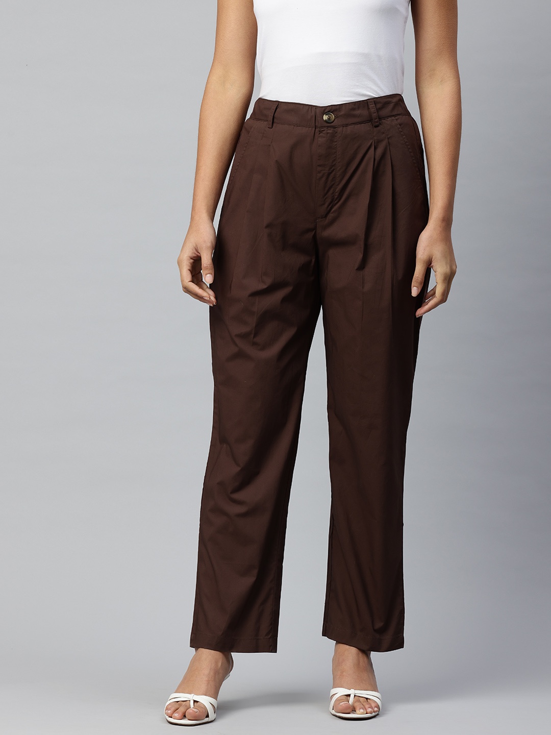 

Popnetic Loose Fit High-Rise Pleated Pure Cotton Trousers, Brown