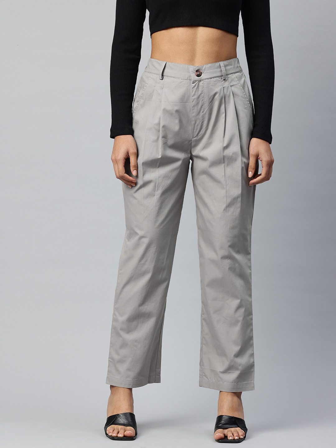 

Popnetic Loose Fit High-Rise Pleated Pure Cotton Trousers, Grey