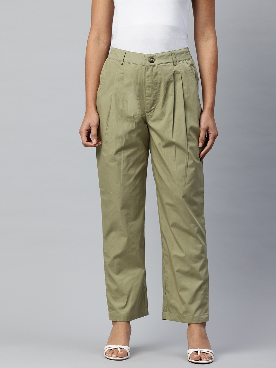

Popnetic Loose Fit High-Rise Pleated Pure Cotton Trousers, Green