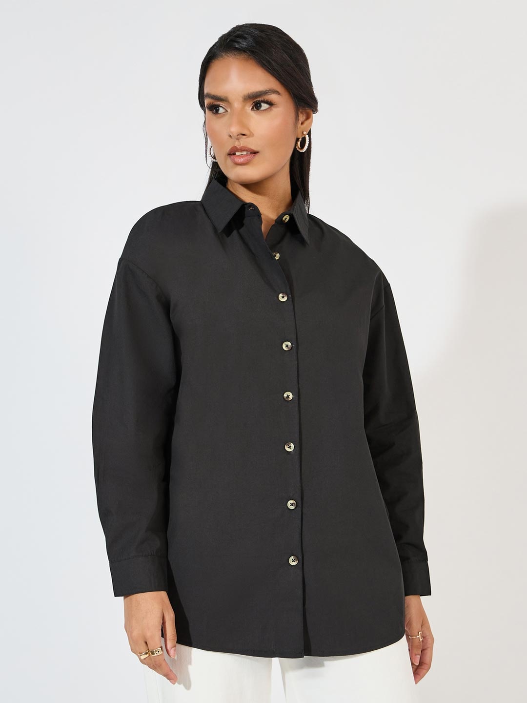 

Styli Women Spread Collar Graphic Printed Cotton Oversized Casual Shirt, Black