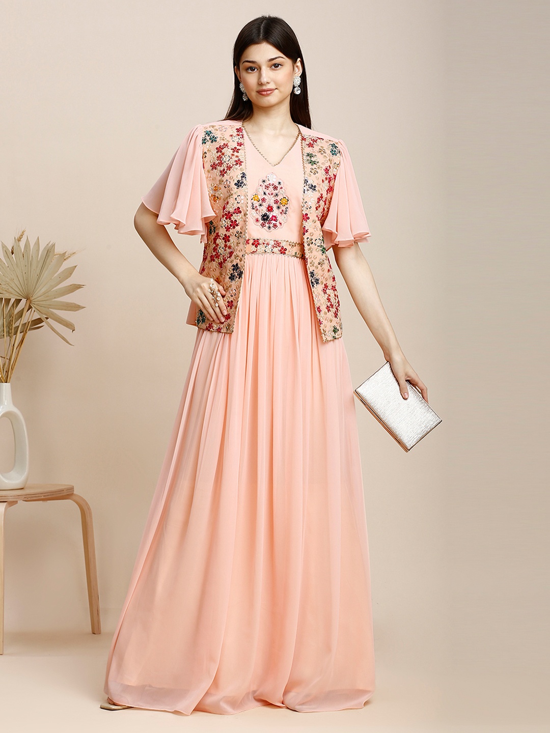 

MADHURAM Women Embroidered Flutter Sleeve Georgette Maxi Gown Dress with Attached Jacket, Peach