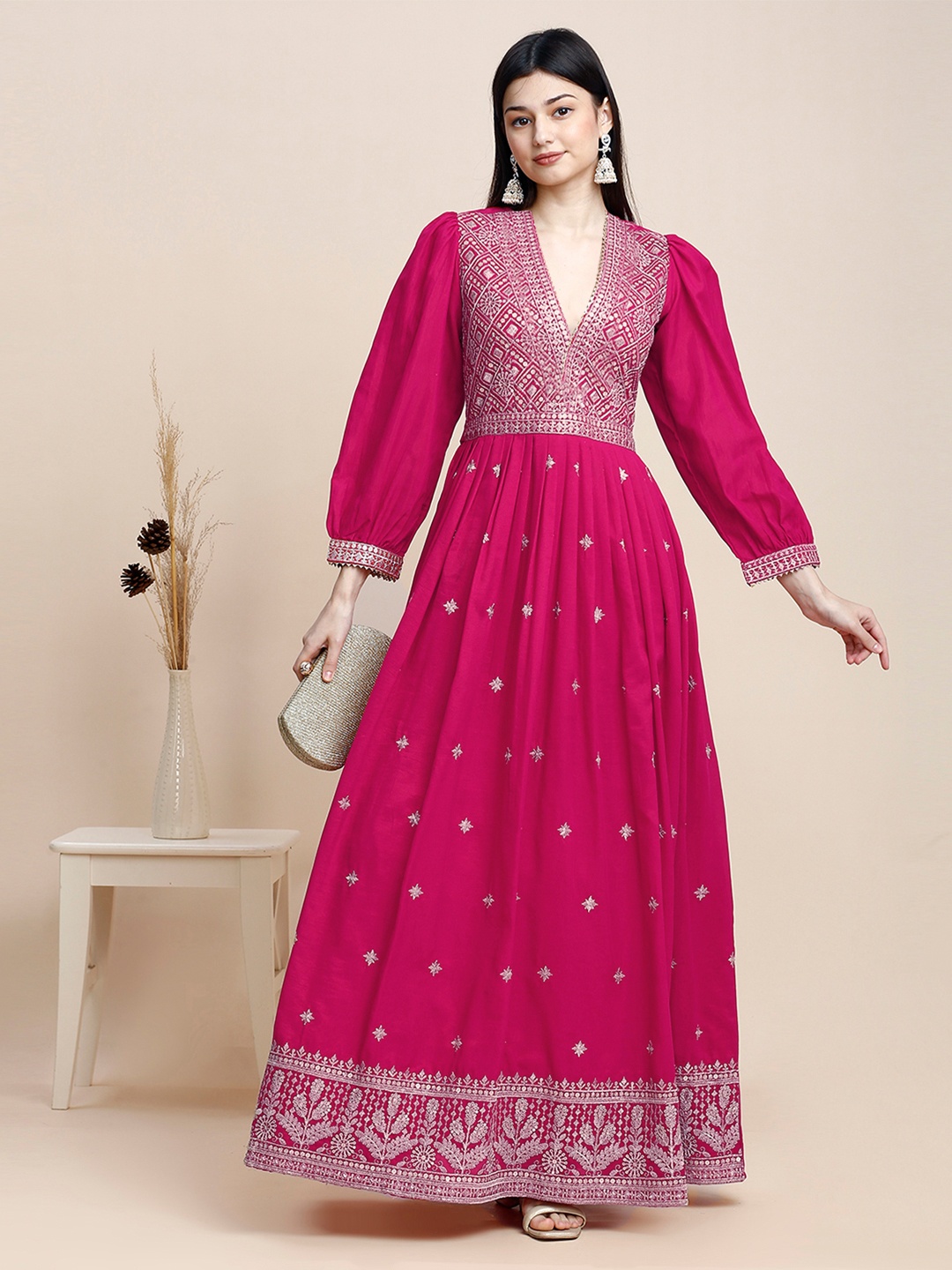 

MADHURAM Ethnic Motifs Embroidered Puff Sleeve Gown Maxi Dress, Magenta