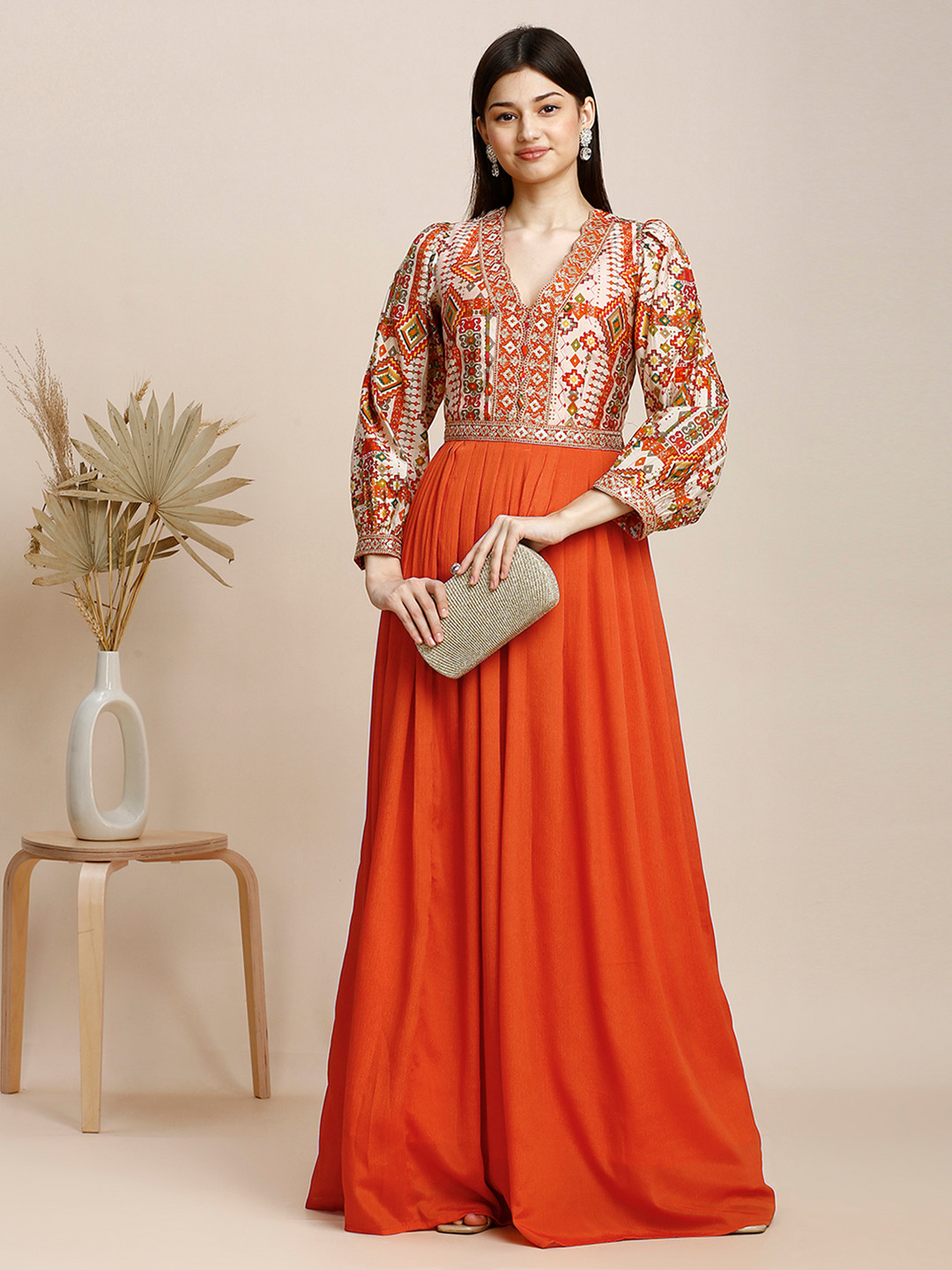 

MADHURAM Women Embroidered Puff Sleeve Crepe Maxi Dress, Orange