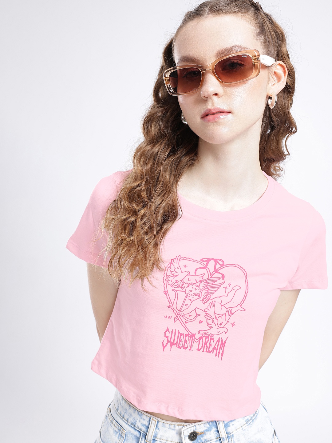 

glitchez Street Chic Printed Boxy Crop T-shirt, Pink