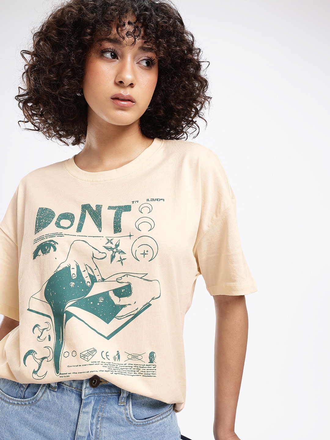

glitchez Street Vibe Graphic & Typography Printed Oversized T-shirt, Cream