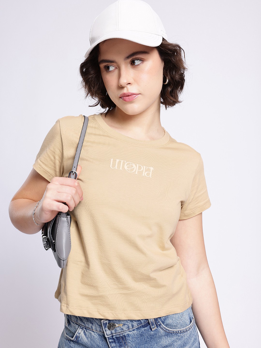 

glitchez Cool Vibe Minimal Printed T-shirt, Beige