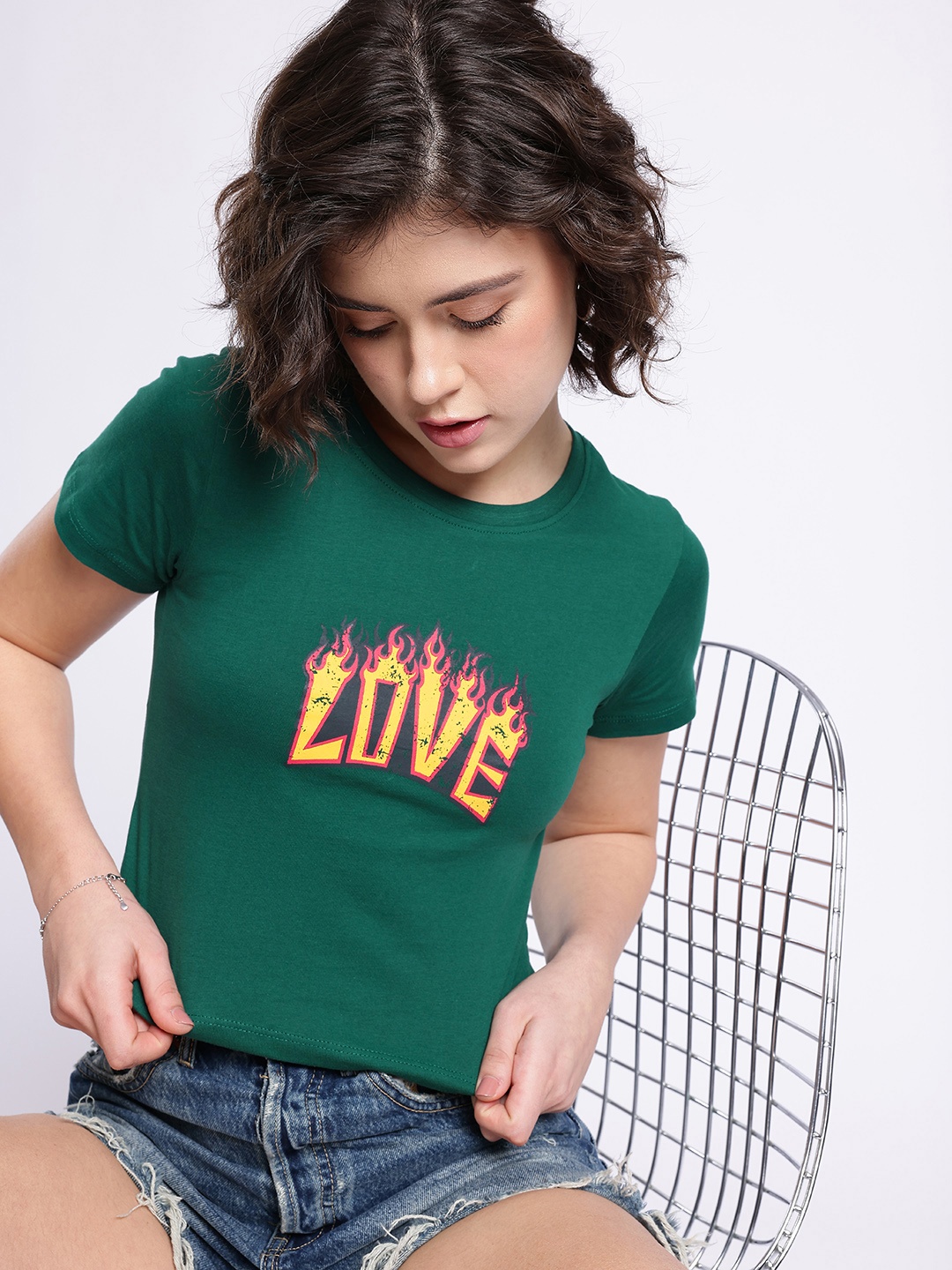 

glitchez Street Cool Typography Printed Crop T-shirt, Teal