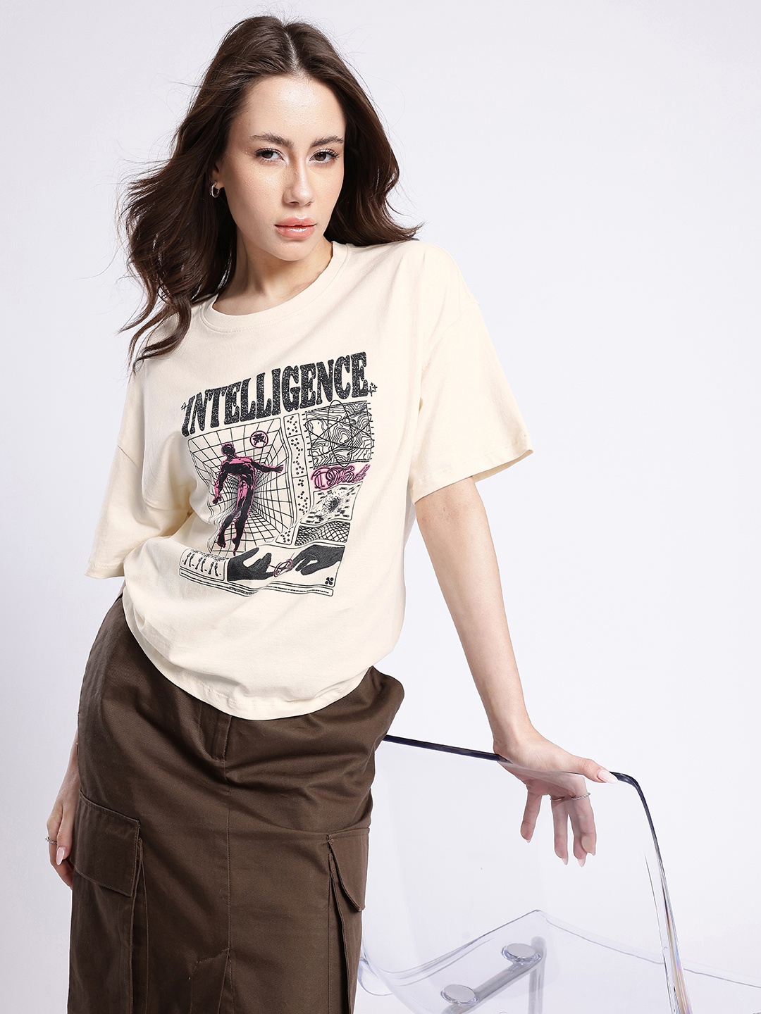 

glitchez Mind Over Matter Oversized Graphic Printed T-shirt, Cream