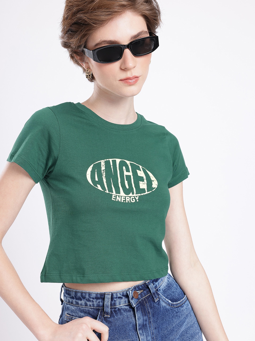 

glitchez Heavenly Vibe Printed Crop T-shirt, Green
