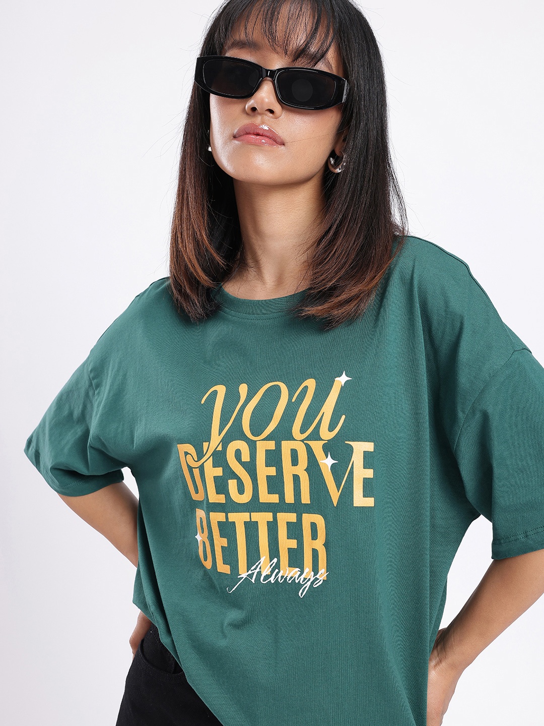 

glitchez Street Vibe Typography Printed Oversized T-shirt, Green