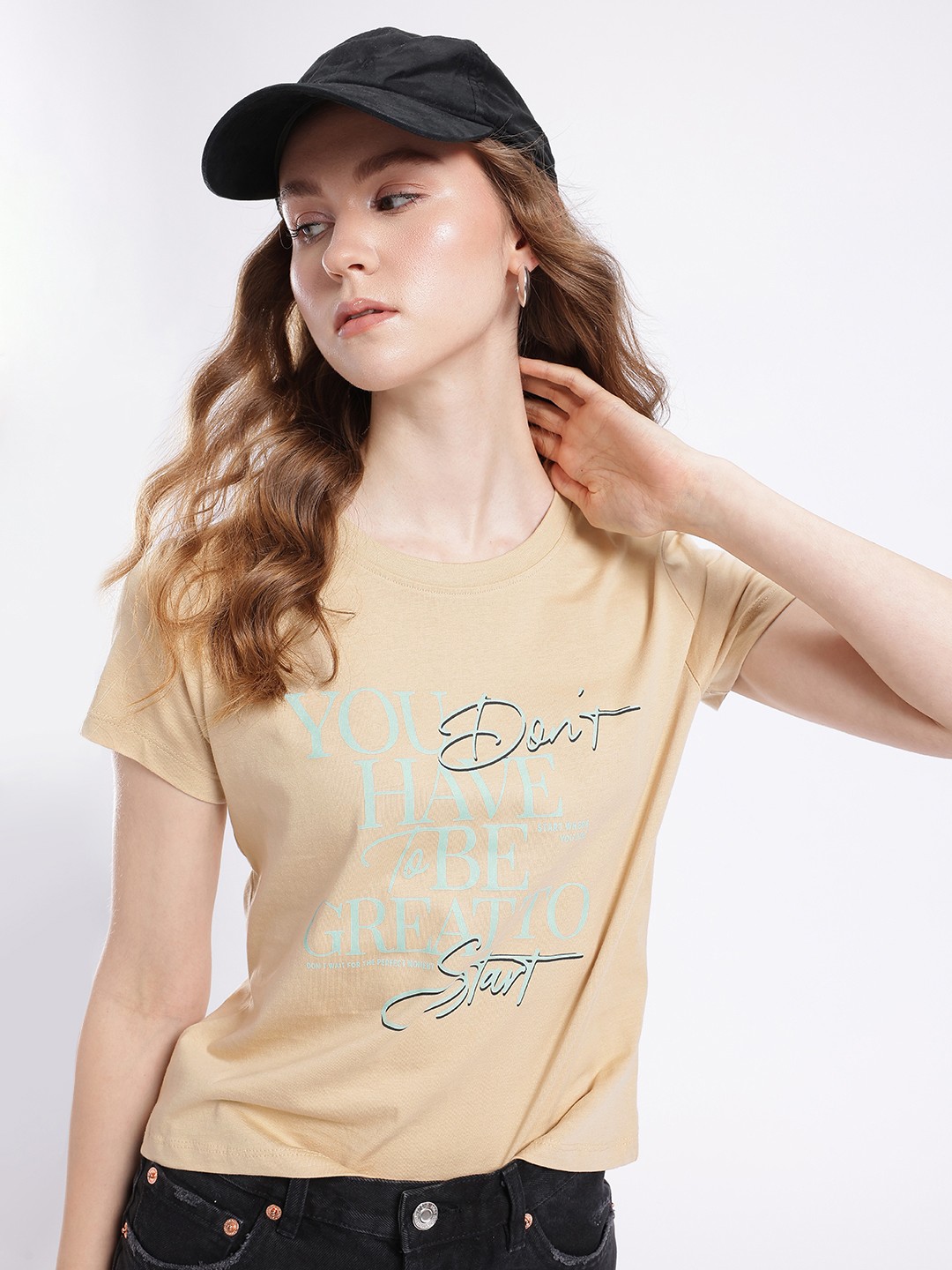 

glitchez Street Chic Typography Printed T-shirt, Beige