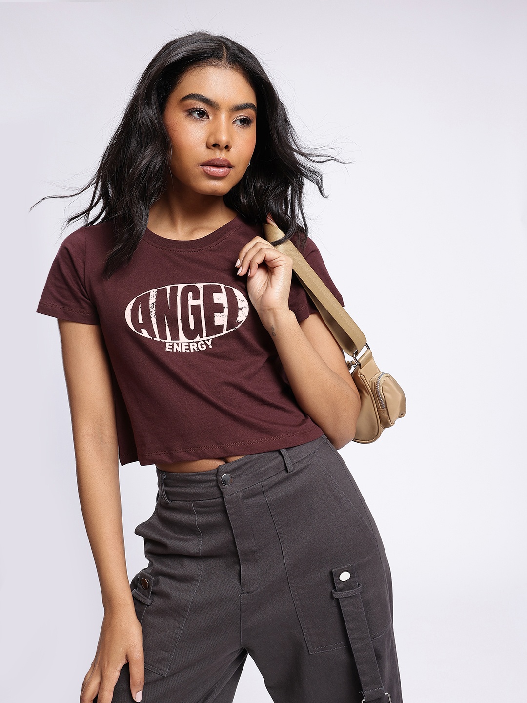 

glitchez Downtown Chic Printed Crop T-shirt, Brown