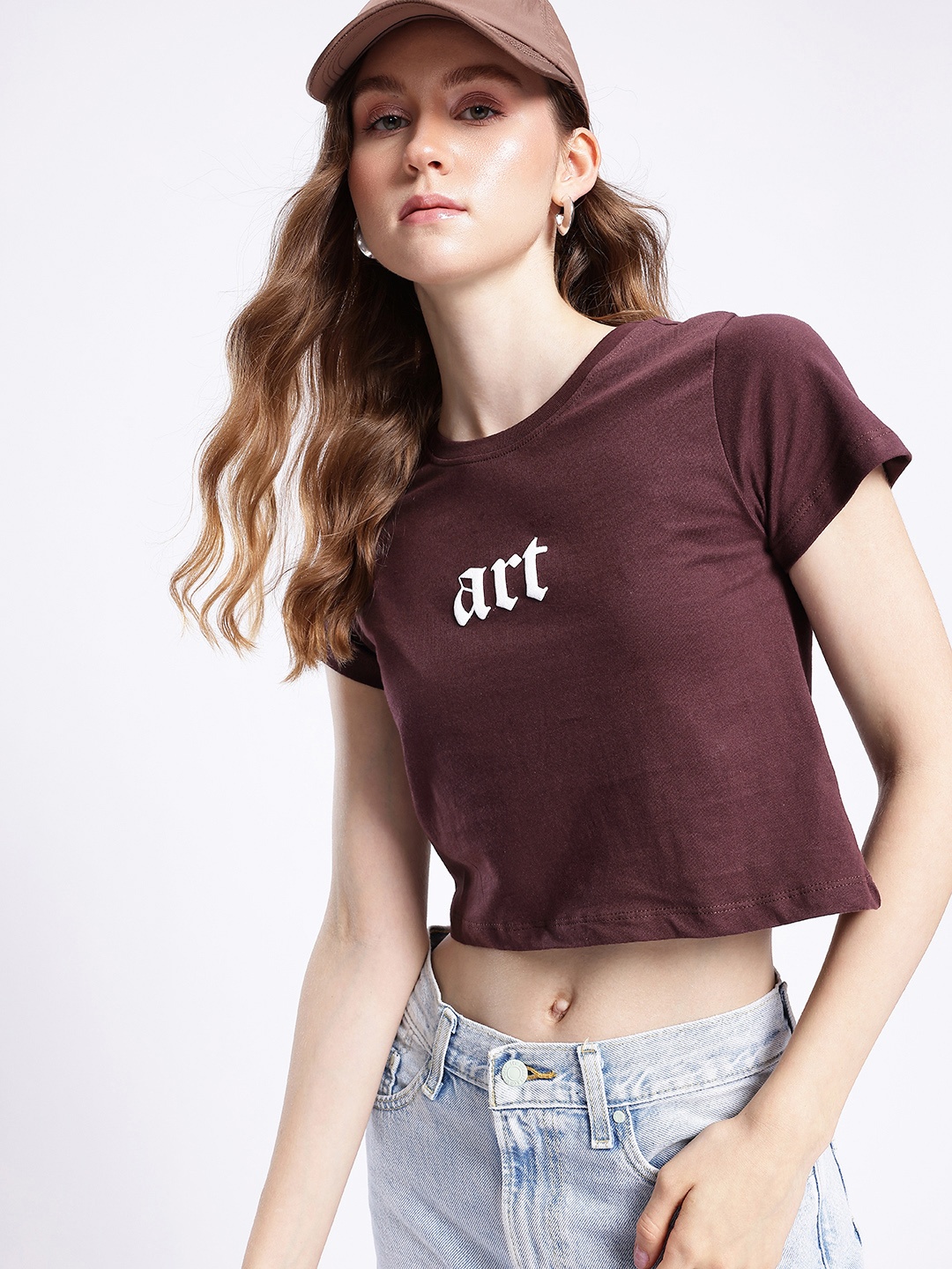 

glitchez Urban Chic Typography Printed Crop T-shirt, Brown