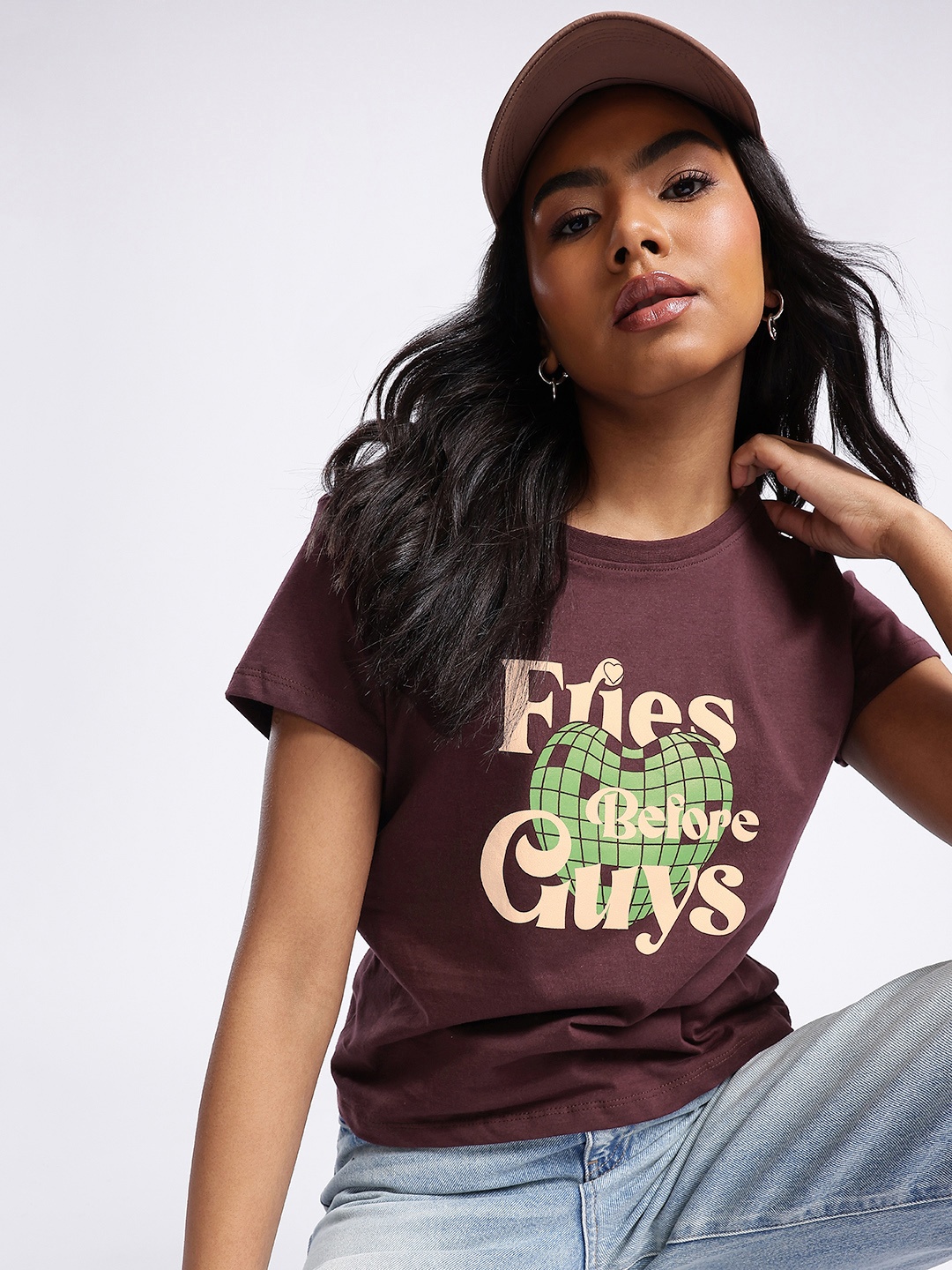 

glitchez Modern Chic Typography & Graphic Printed T-shirt, Brown