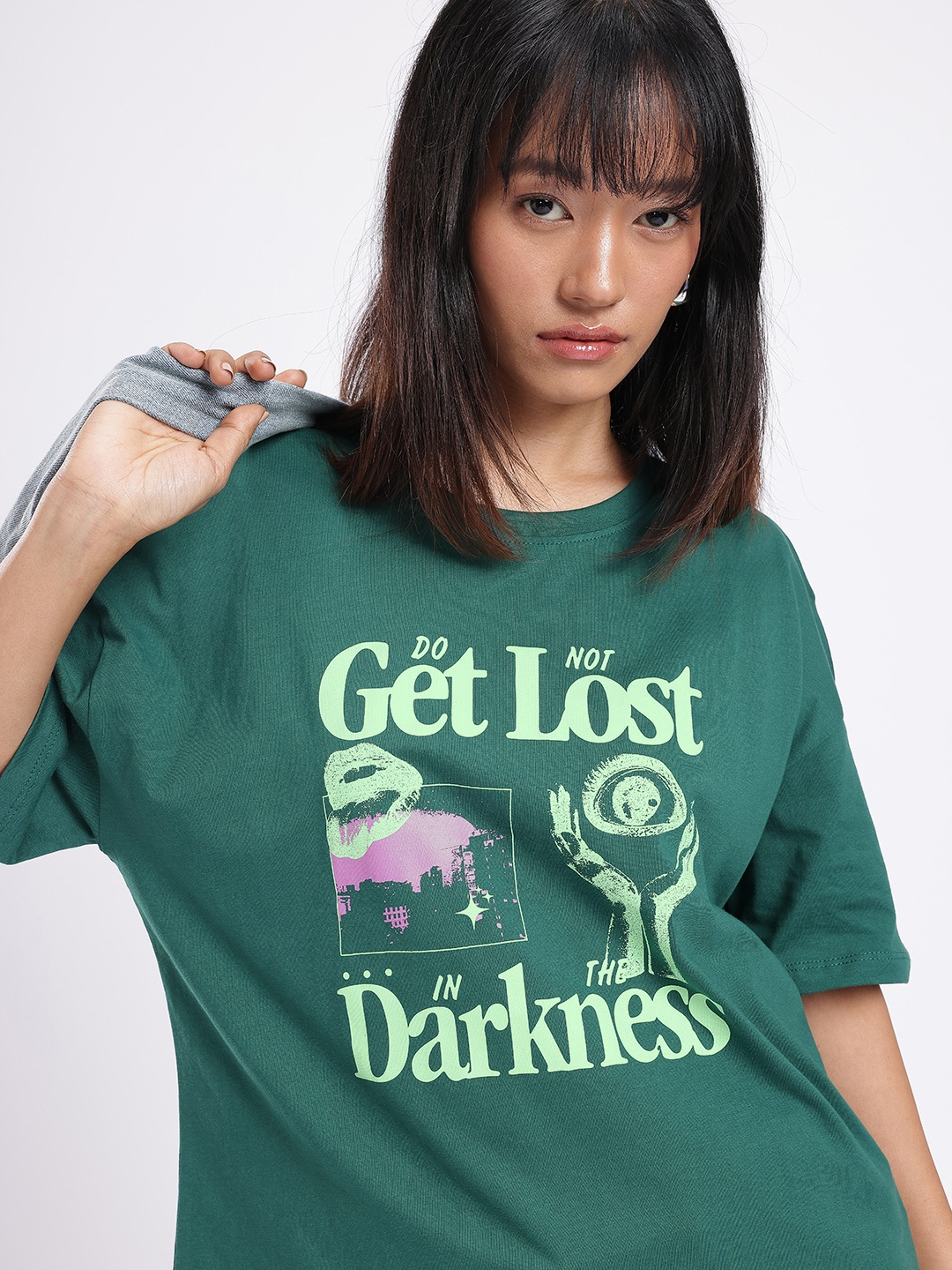 

glitchez Street Touch Graphic & Typography Printed Oversized T-shirt, Green