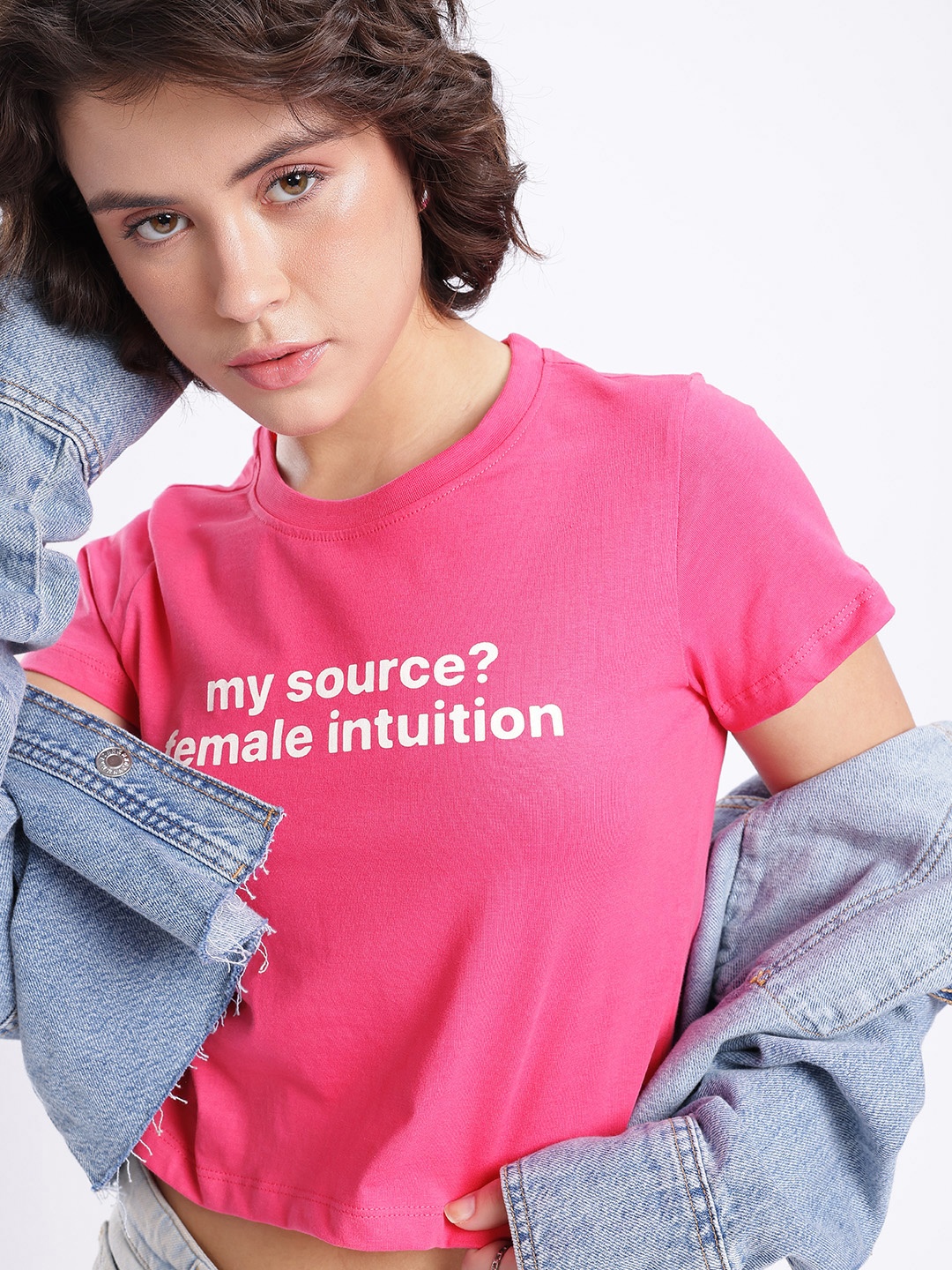 

glitchez Intuitive Vibes Printed Crop T-shirt, Pink