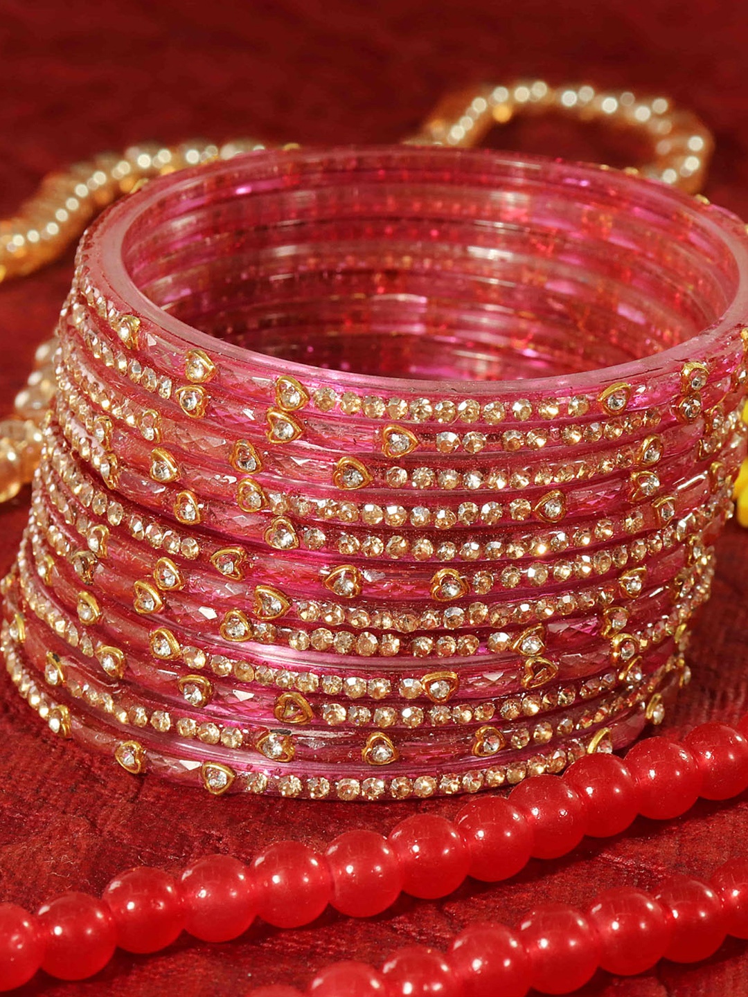 

LAVAZZA Set Of 12 Zircon Diamond Stone & Beads Studded Glass Bangles, Lavender