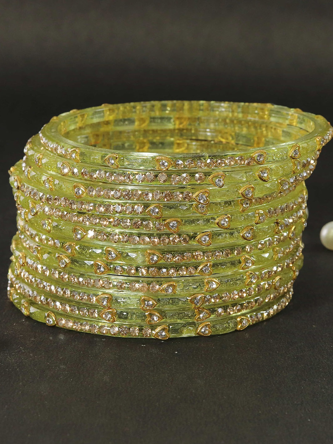 

LAVAZZA Set Of 12 Zircon Diamond Stone & Beads Studded Glass Bangles, Lime green