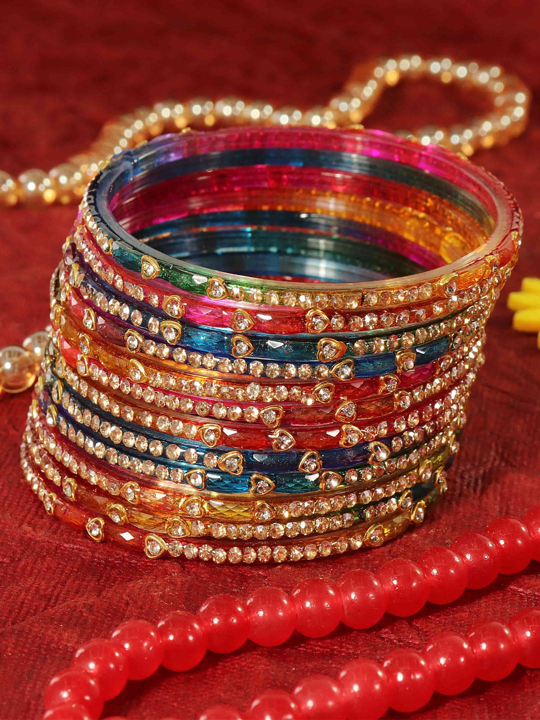 

LAVAZZA Set Of 12 Zircon Diamond Stone & Beads Studded Glass Bangles, Red