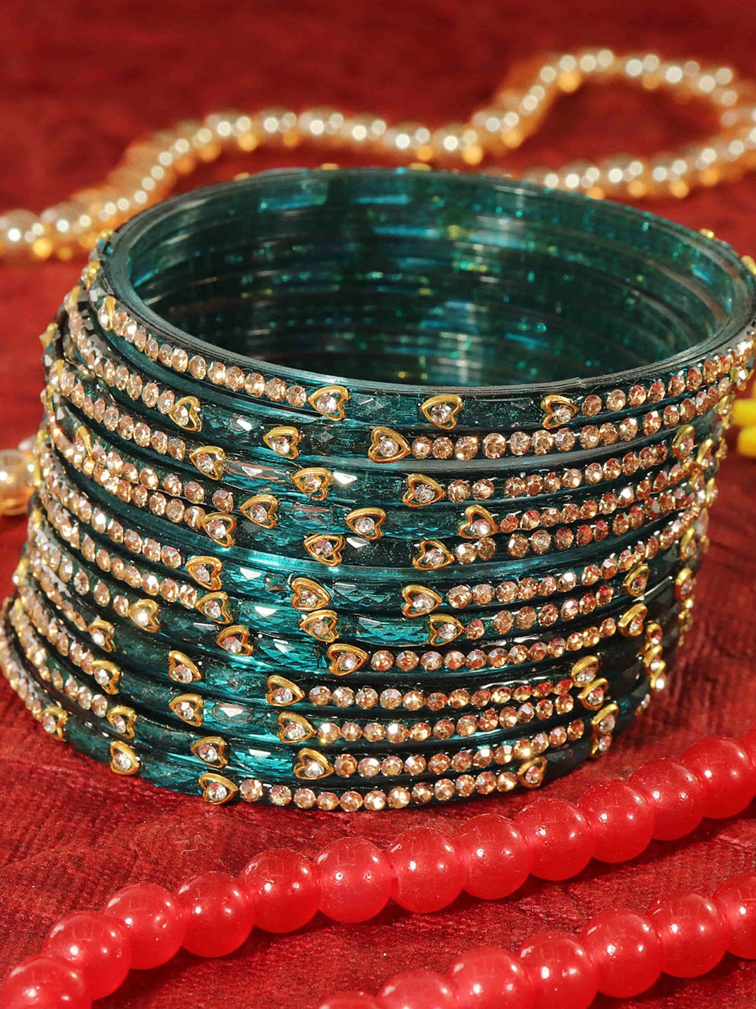 

LAVAZZA Set Of 12 Zircon Diamond Studded & Beaded Glass Bangle, Sea green