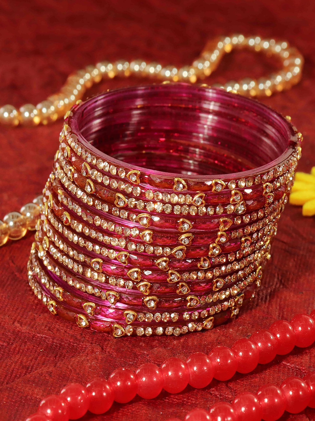 LAVAZZA Set Of 12 Zircon Diamond Stone & Beads Studded Glass Bangles, Burgundy
