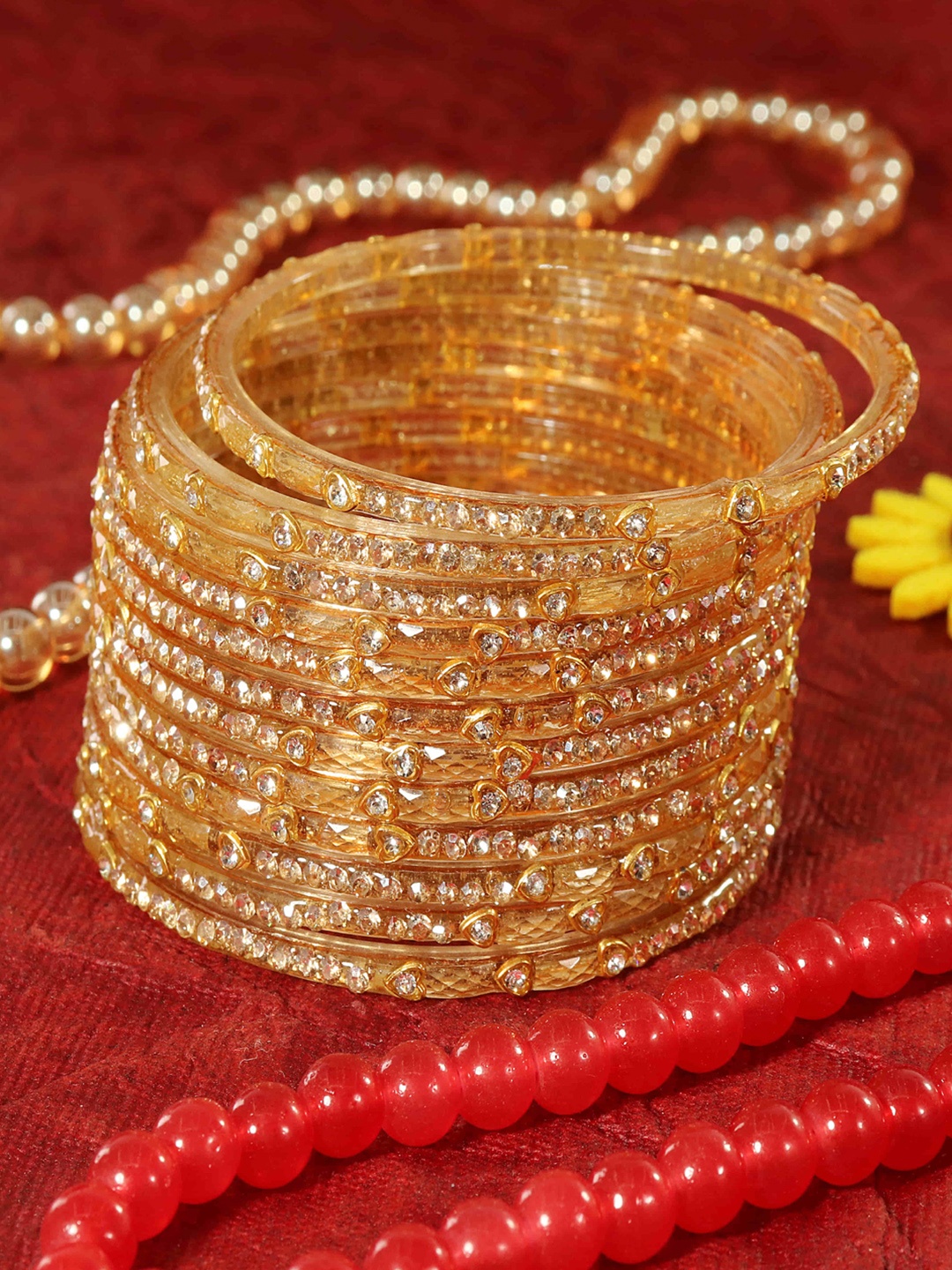 

LAVAZZA Set Of 12 Zircon Diamond Stone Studded & Beaded Glass Bangles, Rose gold