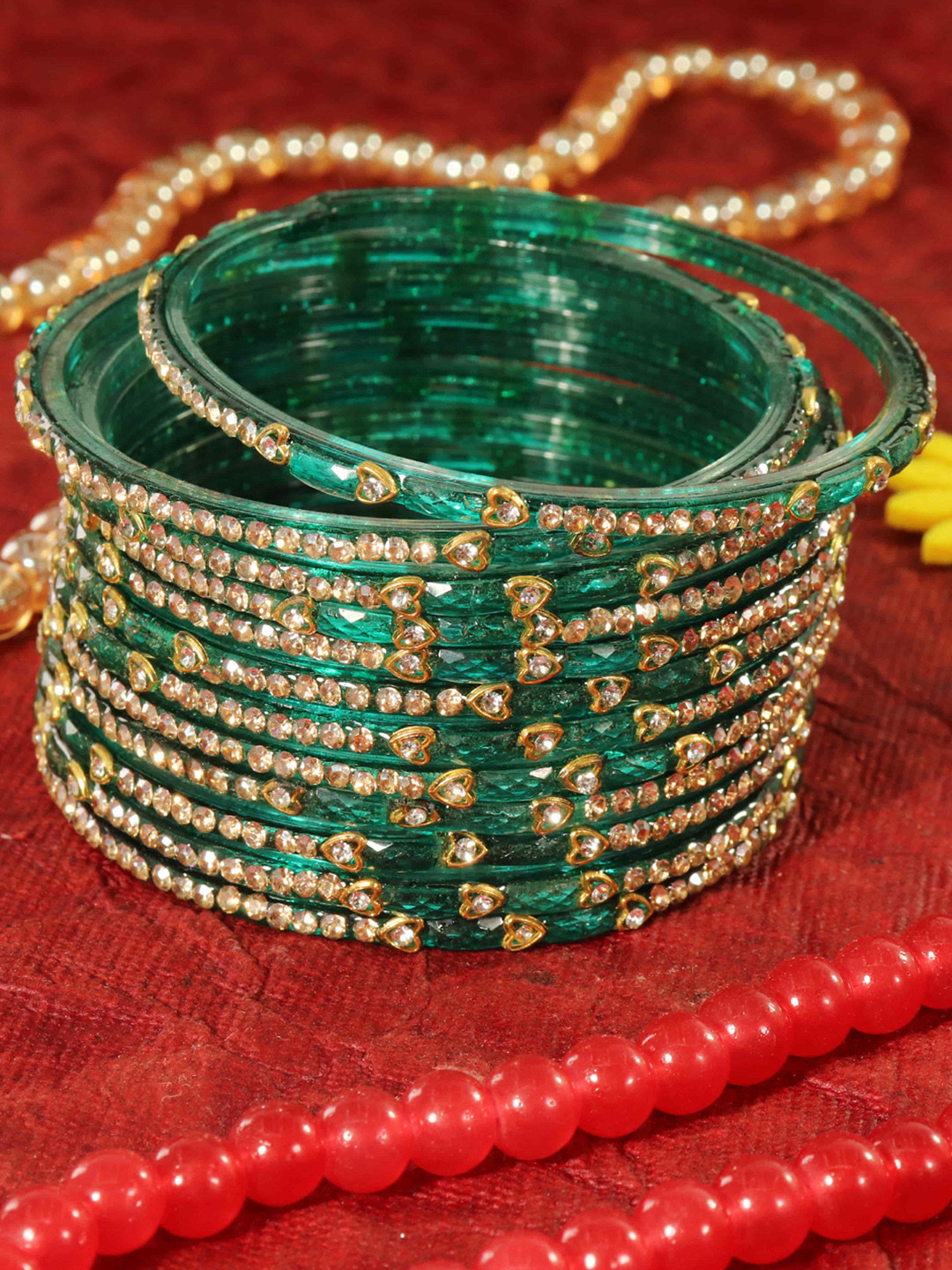 

LAVAZZA Set Of 12 Zircon Diamond Stone Studded & Beads Bangle, Teal