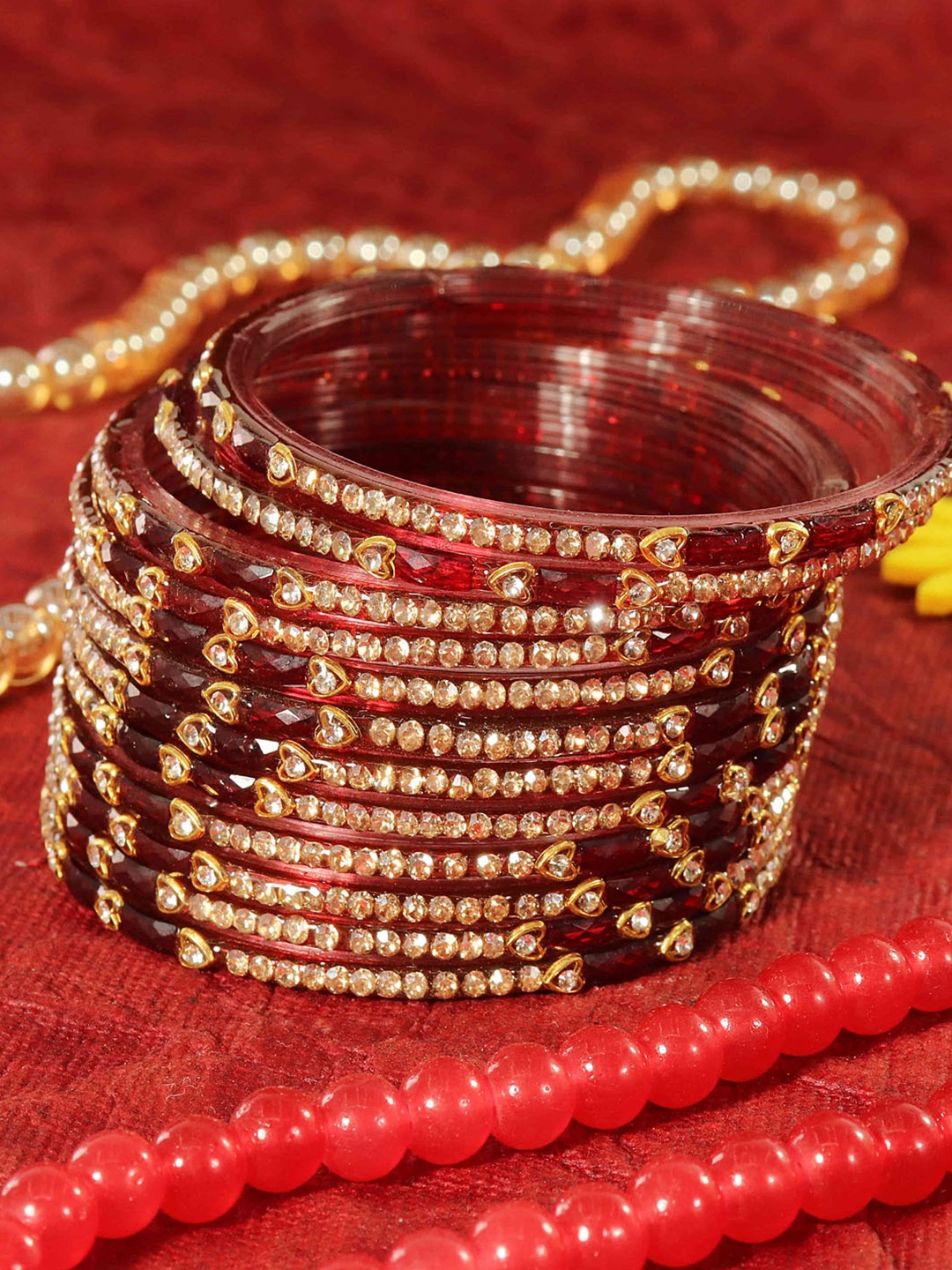 

LAVAZZA Set Of 12 CZ-Studded Glass Bangles, Maroon