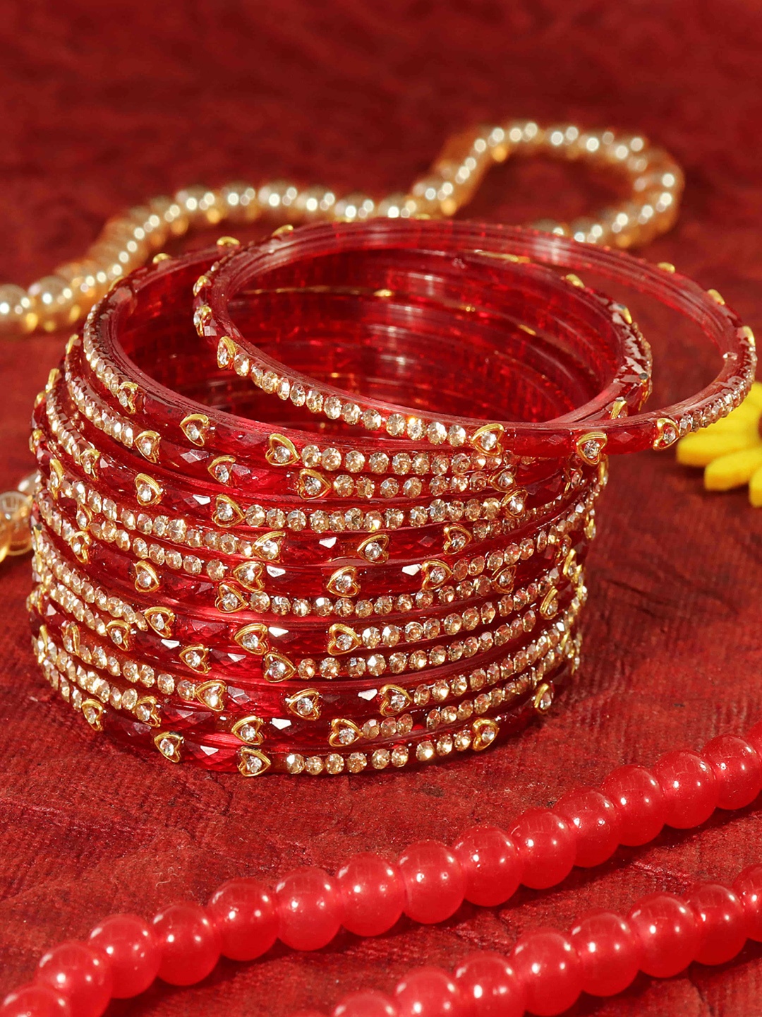 

LAVAZZA Set Of 12 Zircon Diamond Stone & Beads Studded Glass Bangles, Red