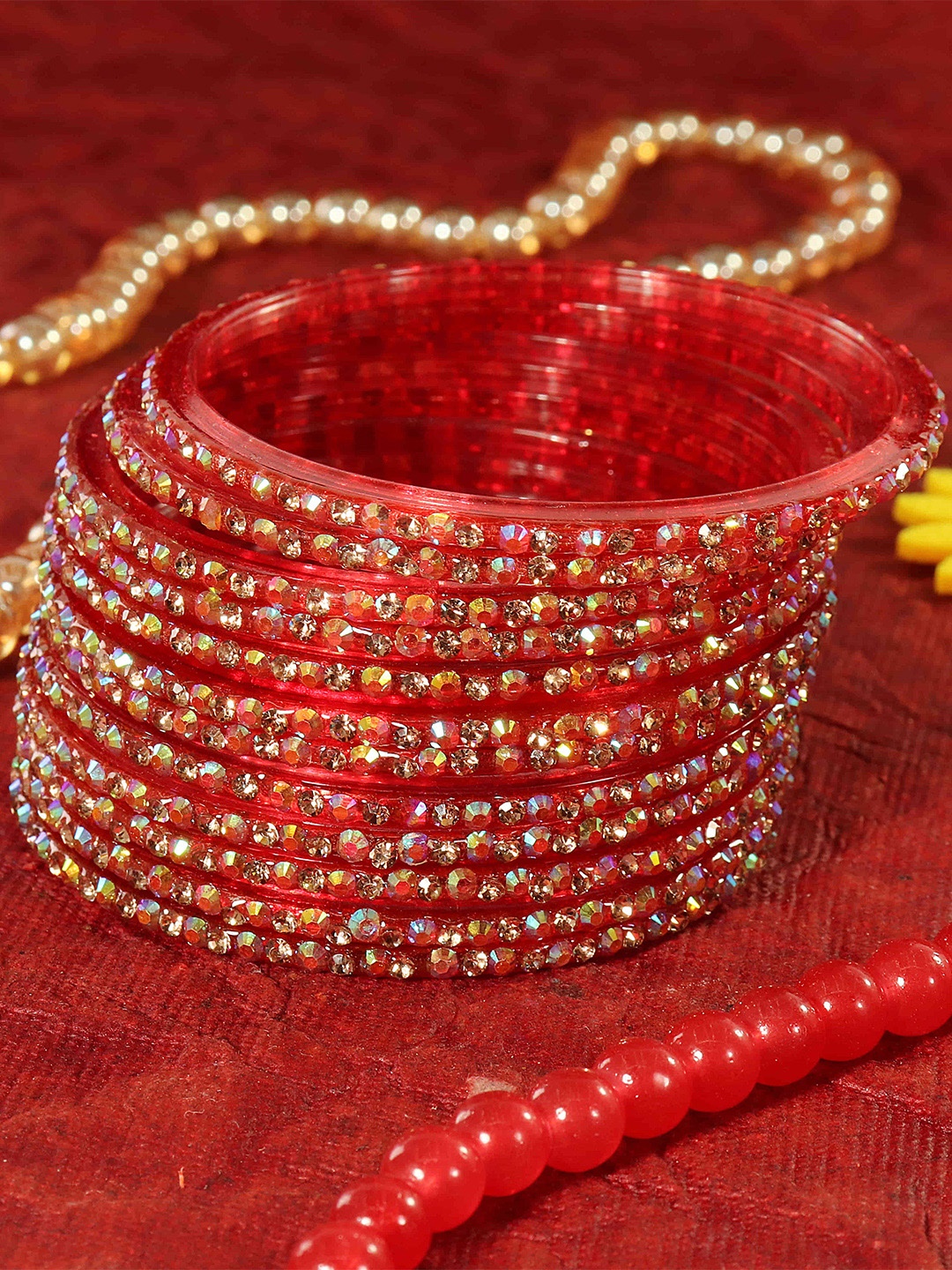 

LAVAZZA Set Of 12 Zircon Diamond Stone & Beads Studded Glass Bangles, Red