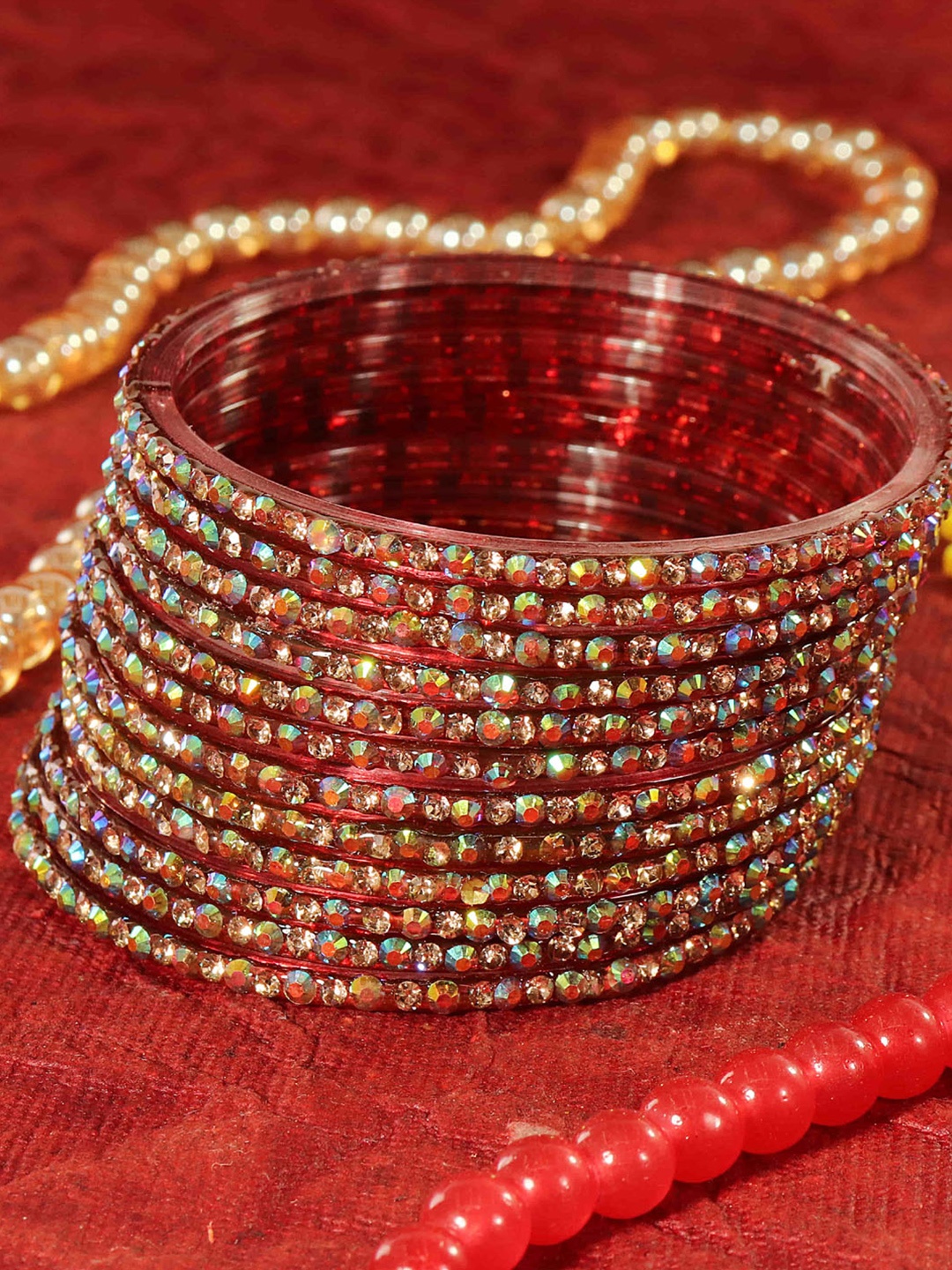 

LAVAZZA Set Of 12 Zircon Diamond Antique Crystals Stone Studded & Beads Glass Bangles, Maroon