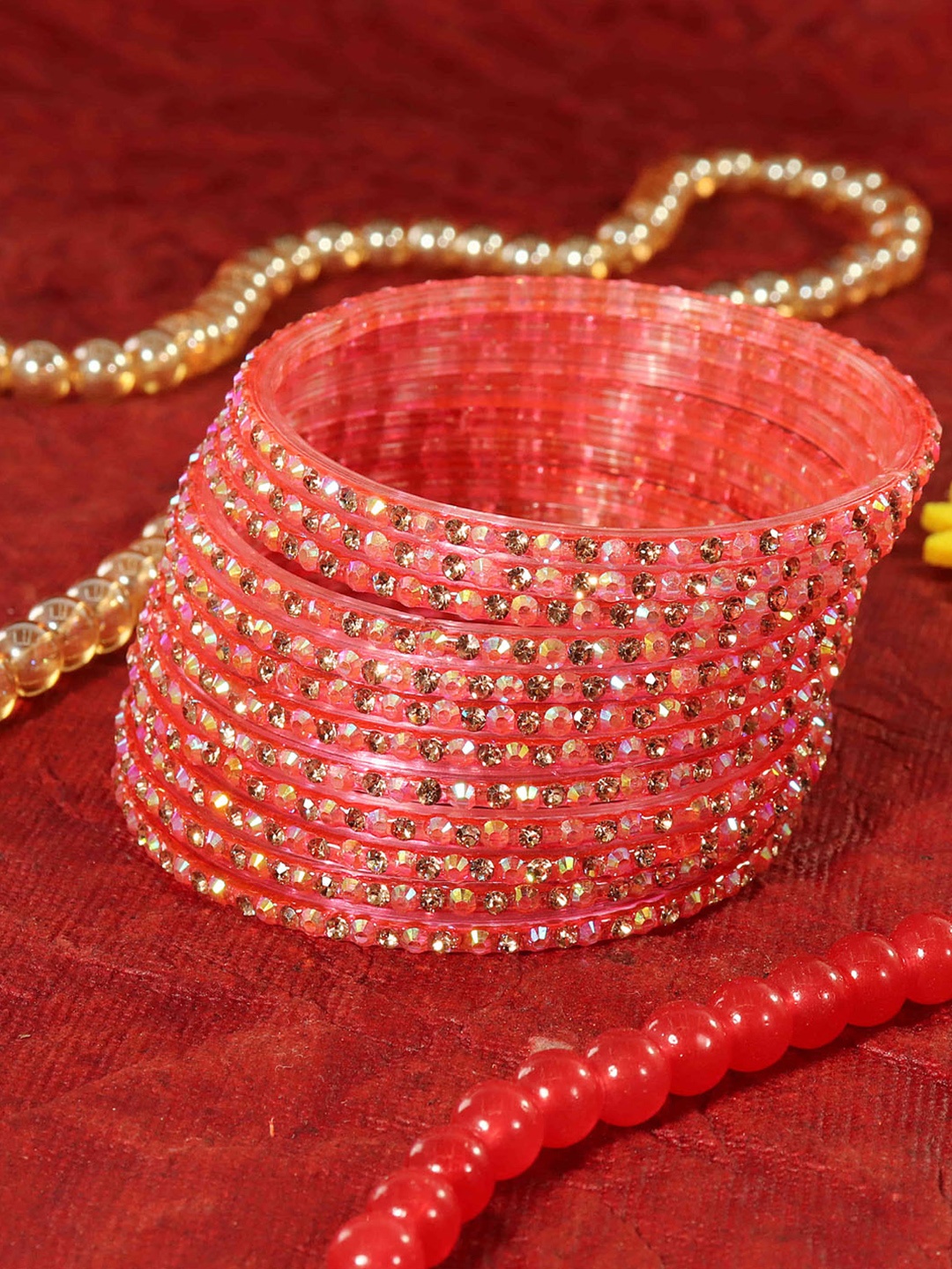 

LAVAZZA Set Of 12 Zircon Diamond Stone & Beads Studded Glass Bangles, Rose