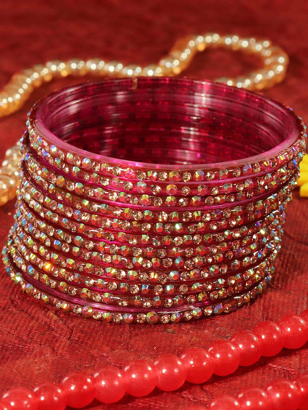 

LAVAZZA Set Of 12 Zircon Diamond Stone & Beads Studded Glass Bangles, Pink