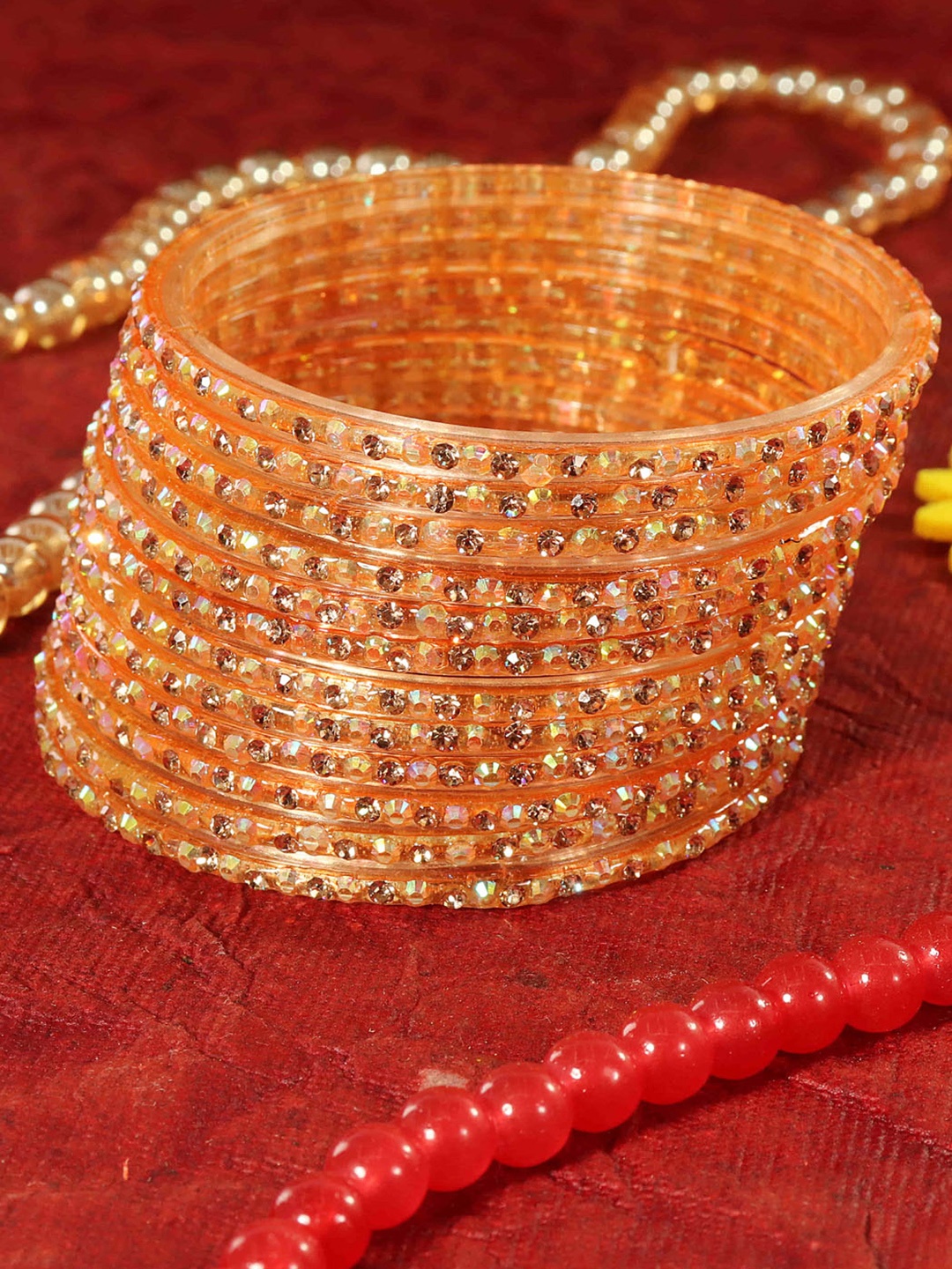 

LAVAZZA Set Of 12 Zircon Diamond Stone & Beads Studded Glass Bangles, Peach