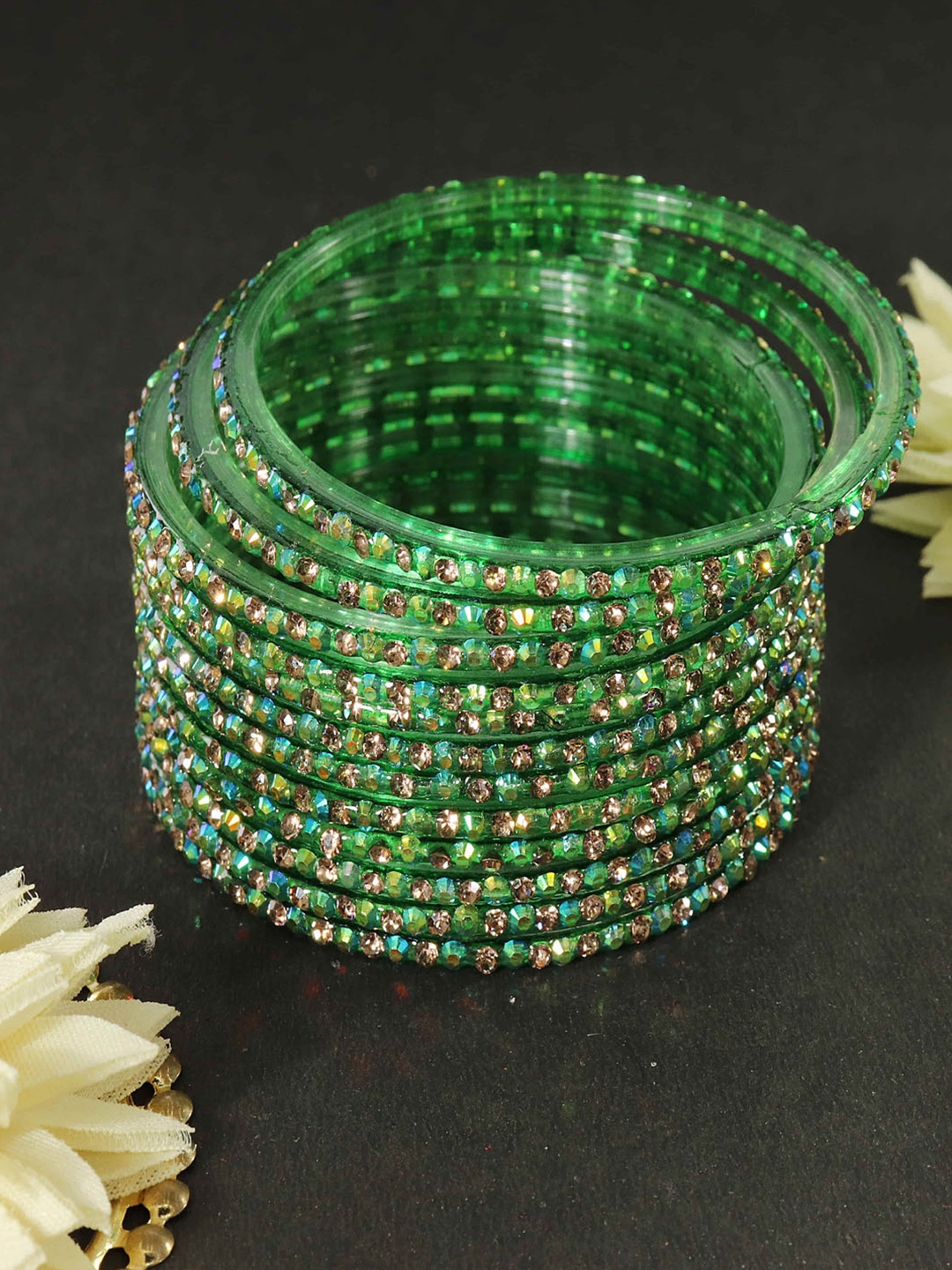 

LAVAZZA Set Of 12 CZ-Studded Glass Bangles, Green