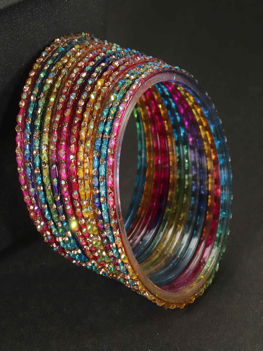 

LAVAZZA Set Of 12 Zircon Diamond Stone & Beads Studded Glass Bangles, Red