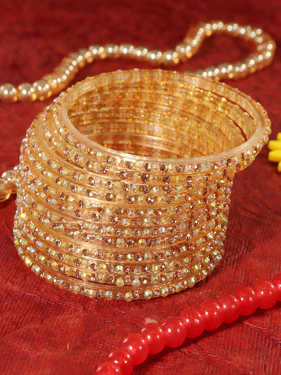 LAVAZZA Set Of 12 Crystals-Studded Glass Bangles, Cream