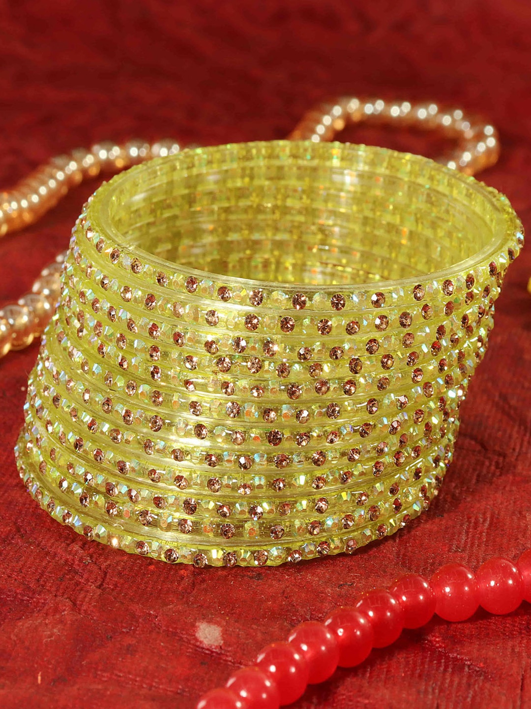 

LAVAZZA Set Of 12 Zircon Diamond Stone & Beads Studded Glass Bangles, Lime green