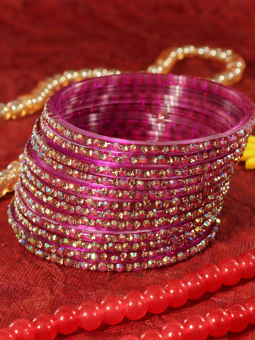 

LAVAZZA Set Of 12 Zircon Diamond Stone & Beads Studded Glass Bangles, Purple