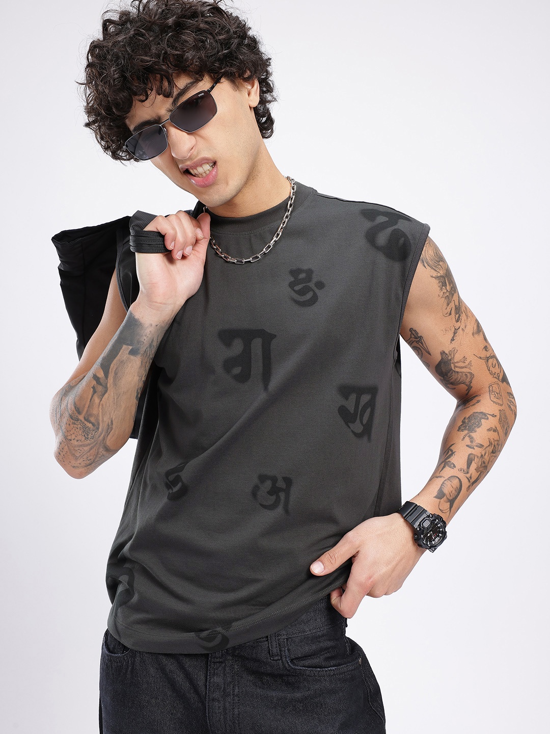 

glitchez Street Elevated Printed Sleeveless T-shirt, Charcoal