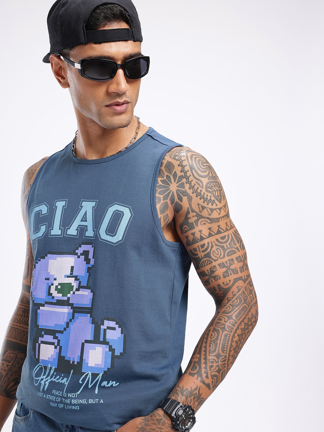 

glitchez Street Cool Printed Sleeveless T-shirt, Blue